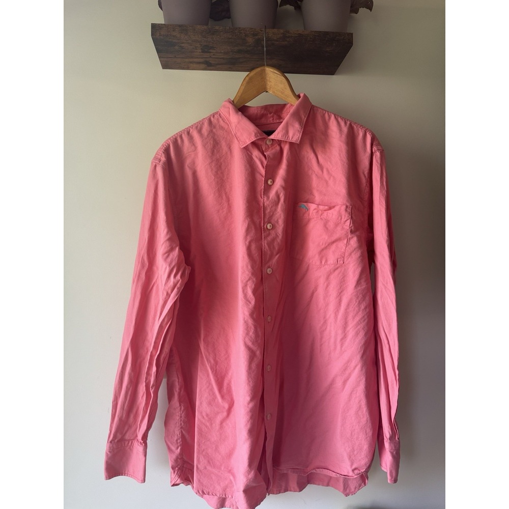 Tommy Bahama Mens XL Coral Pink Cotton Silk Marlin Logo Long Sleeve Button Up